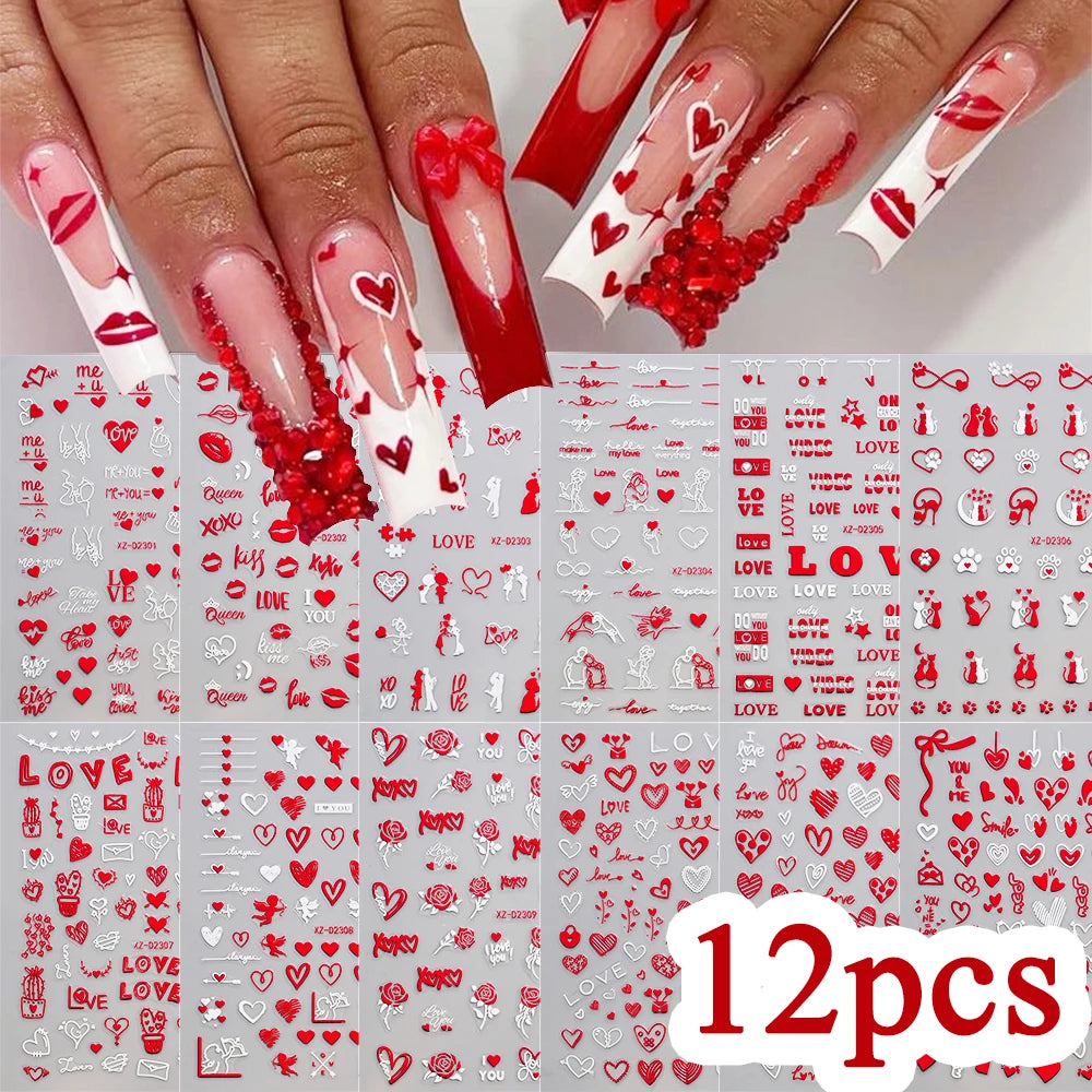 12pcs Red Heart Valentine Nail Stickers Set