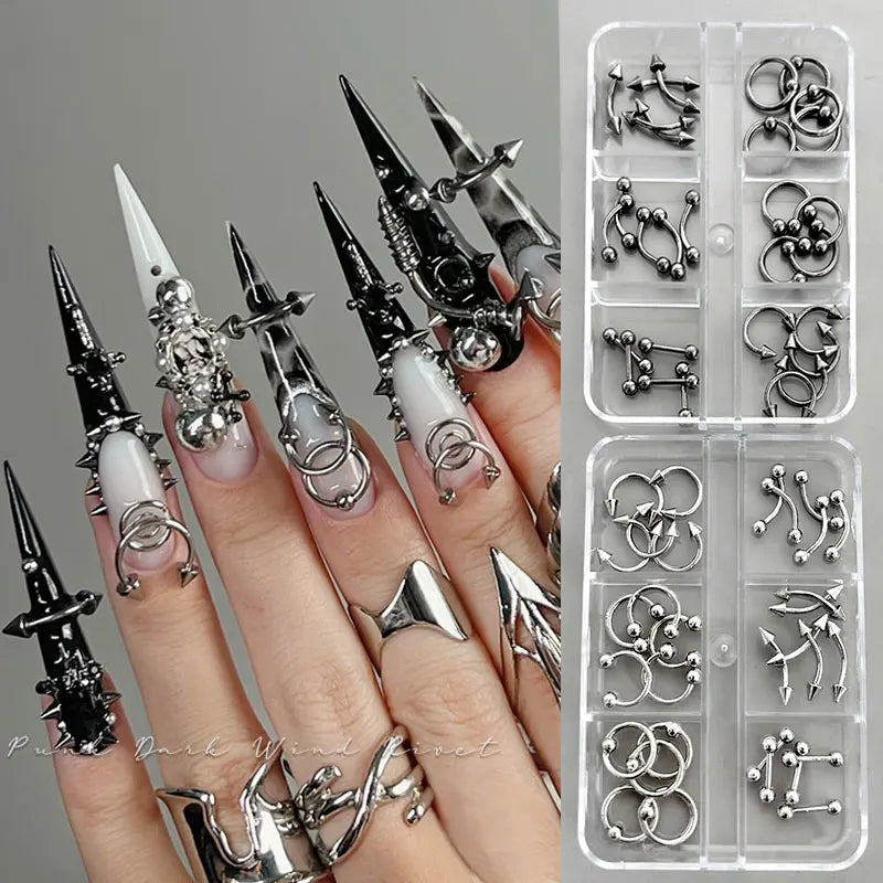 6Grids 3D Black Silver Punk Nail Studs