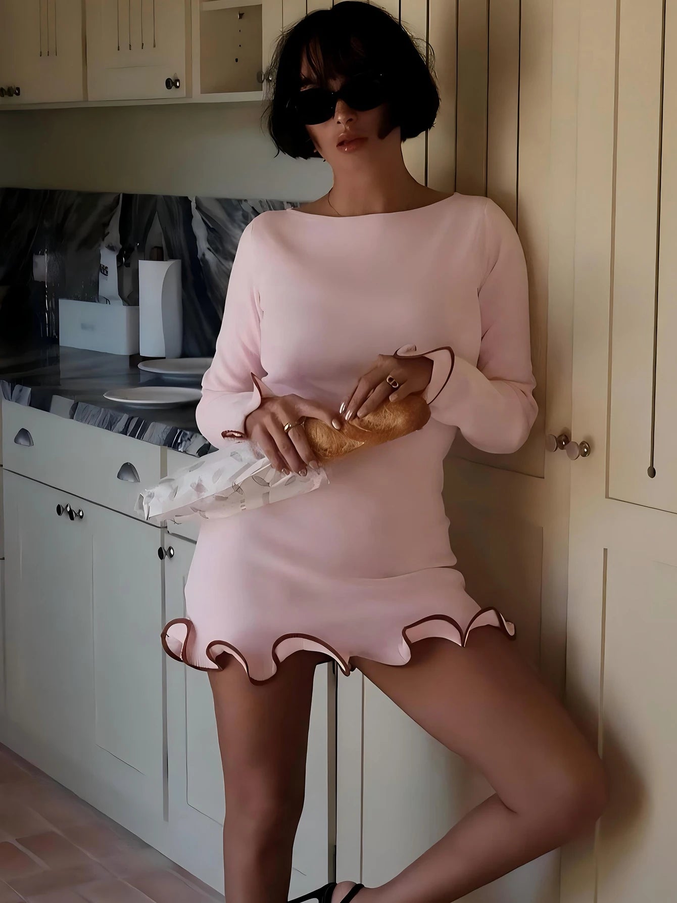 O-Neck Long Sleeves Ruffles Patchwork Mini