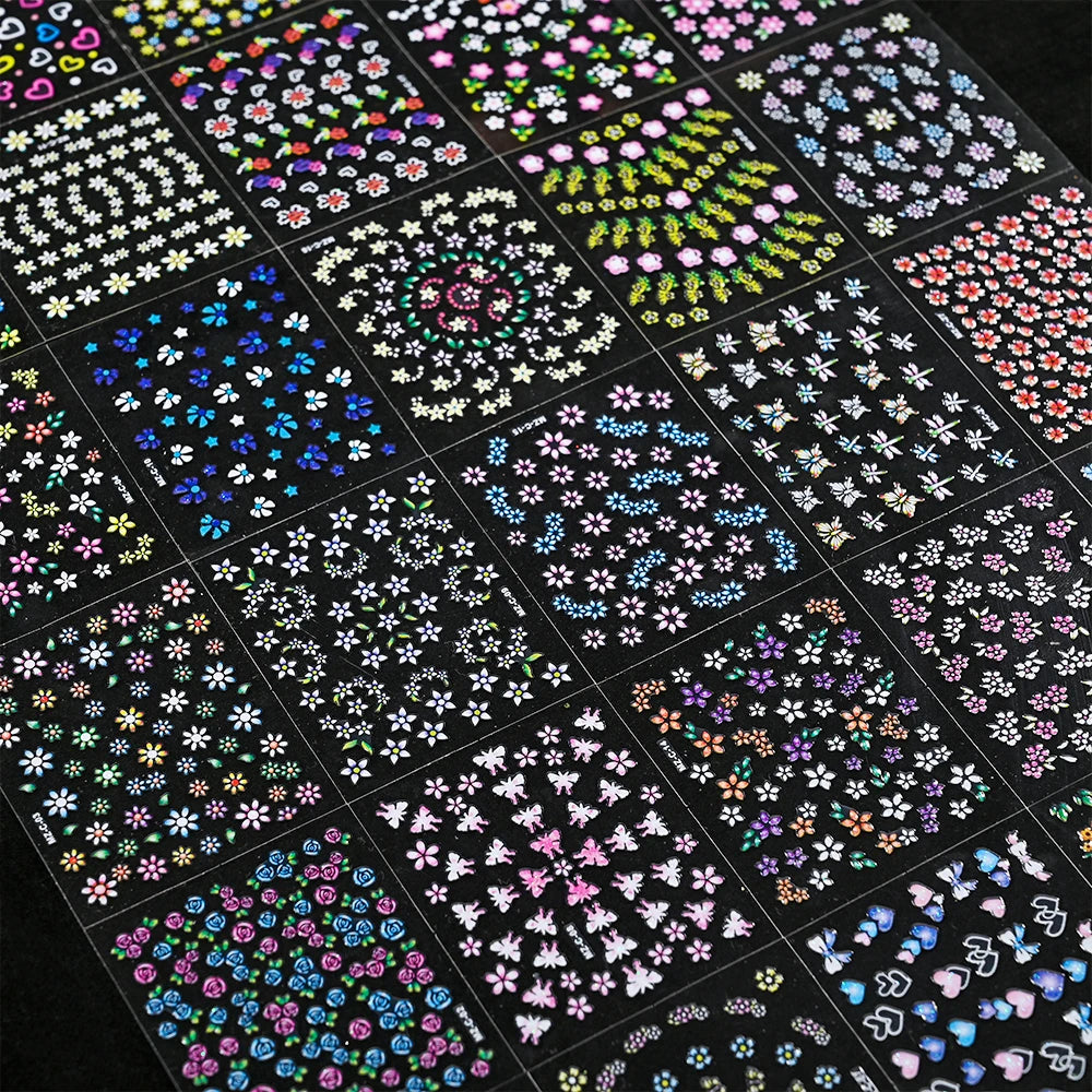 3D Colorful Flowers Cherry Blossoms Rose Daisy Nail Decals 20/30/60/90pcs