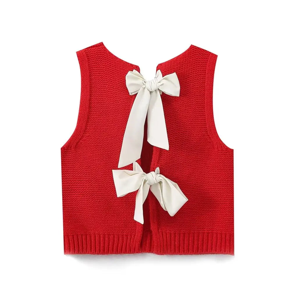 Sleeveless Back Bow Tied Design Short Knitting Vest