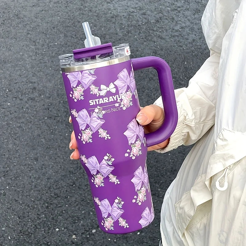 1pc 900ml Floral Print Stainless Steel Vacuum Insulated Tumbler