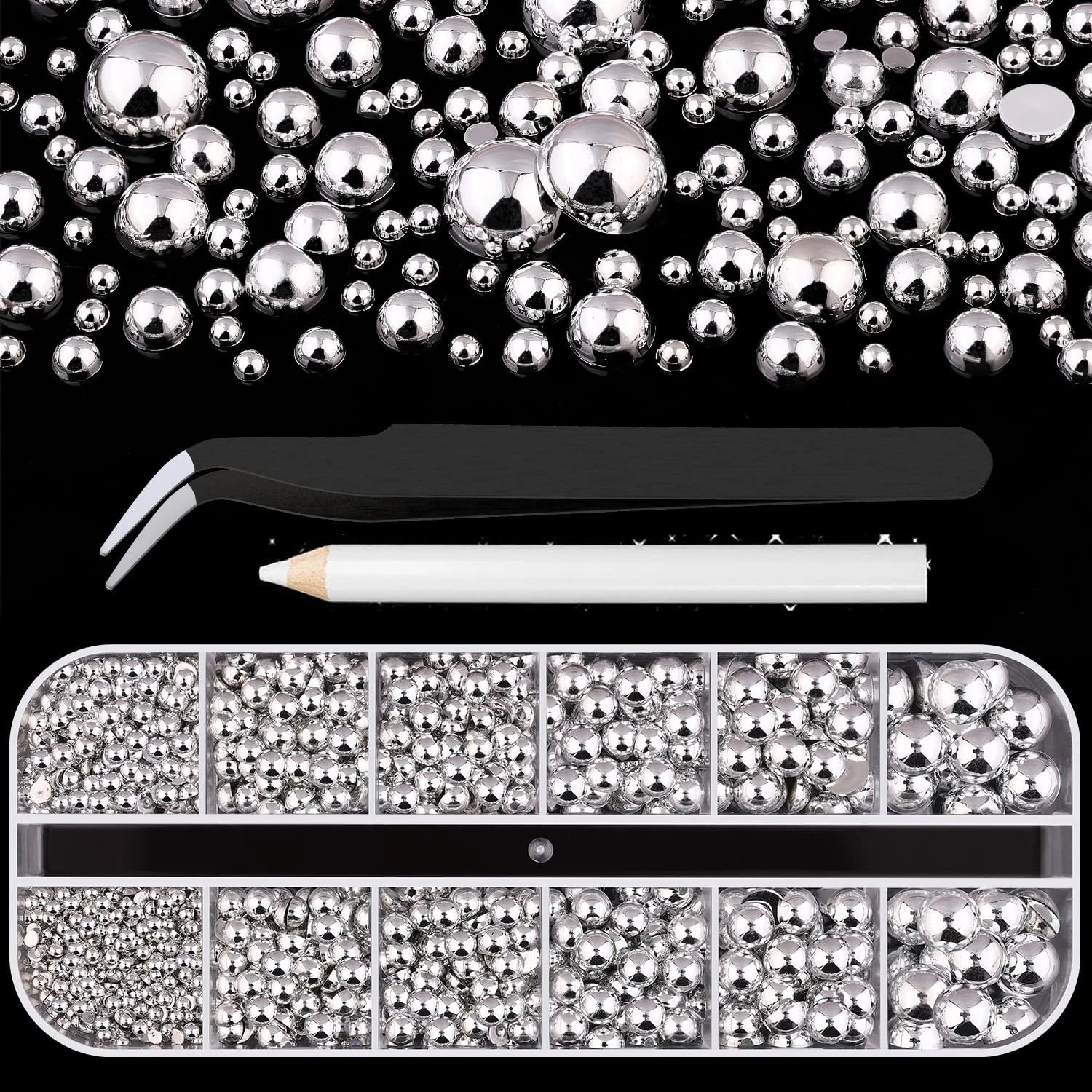 12Grid Shiny Silver Half Round Metal Caviar Charms 2/3/4/5/6/8mm Flatback