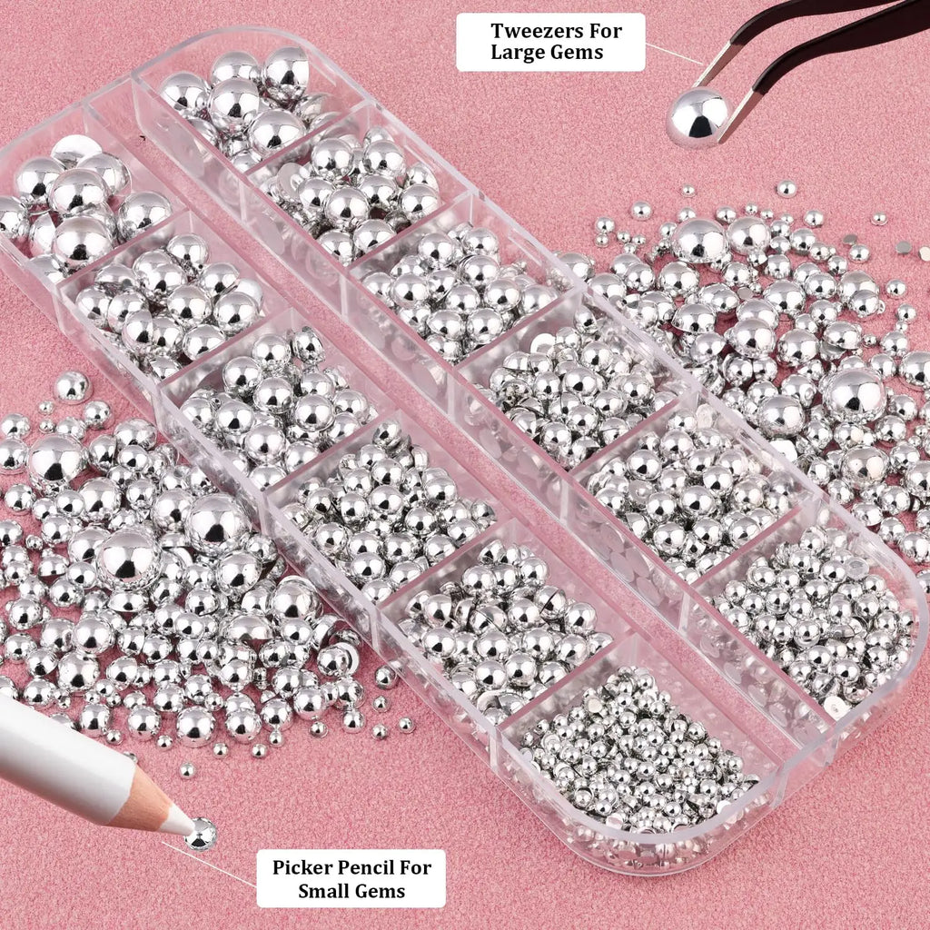 12Grid Shiny Silver Half Round Metal Caviar Charms 2/3/4/5/6/8mm Flatback