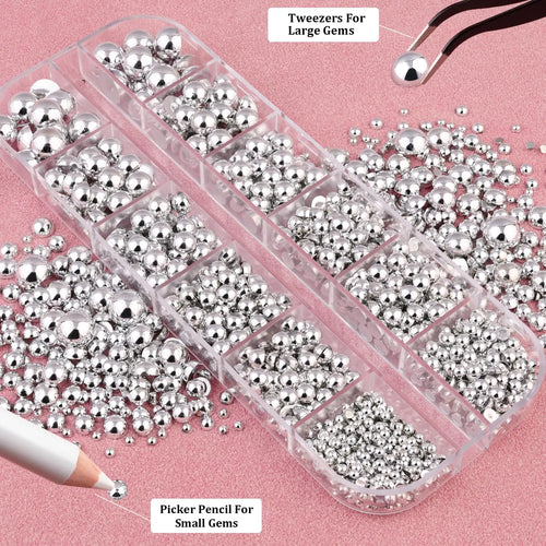 12Grid Shiny Silver Half Round Metal Caviar Charms 2/3/4/5/6/8mm Flatback