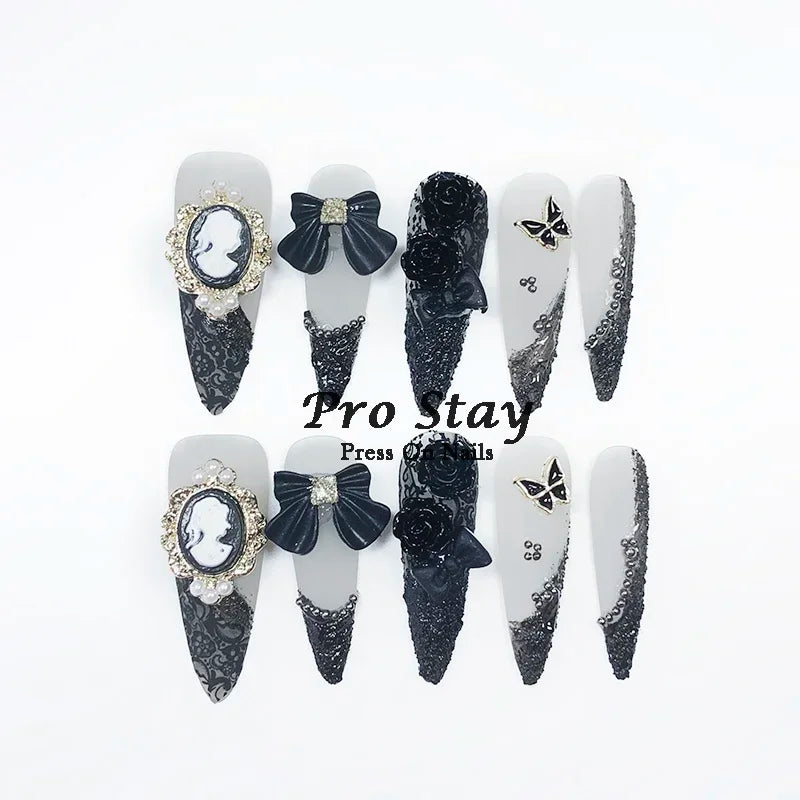 10pcs black Handmade Press On Nails Metal Decoration Y2k