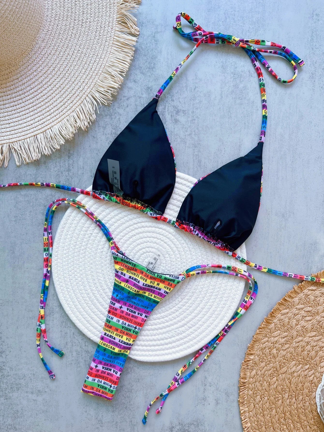 Letters Printed Colorful Mini Thong Bikini
