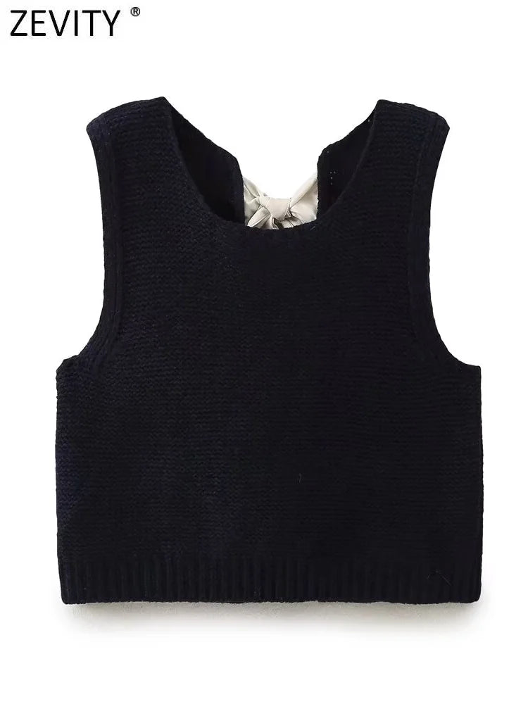 Sleeveless Back Bow Tied Design Short Knitting Vest
