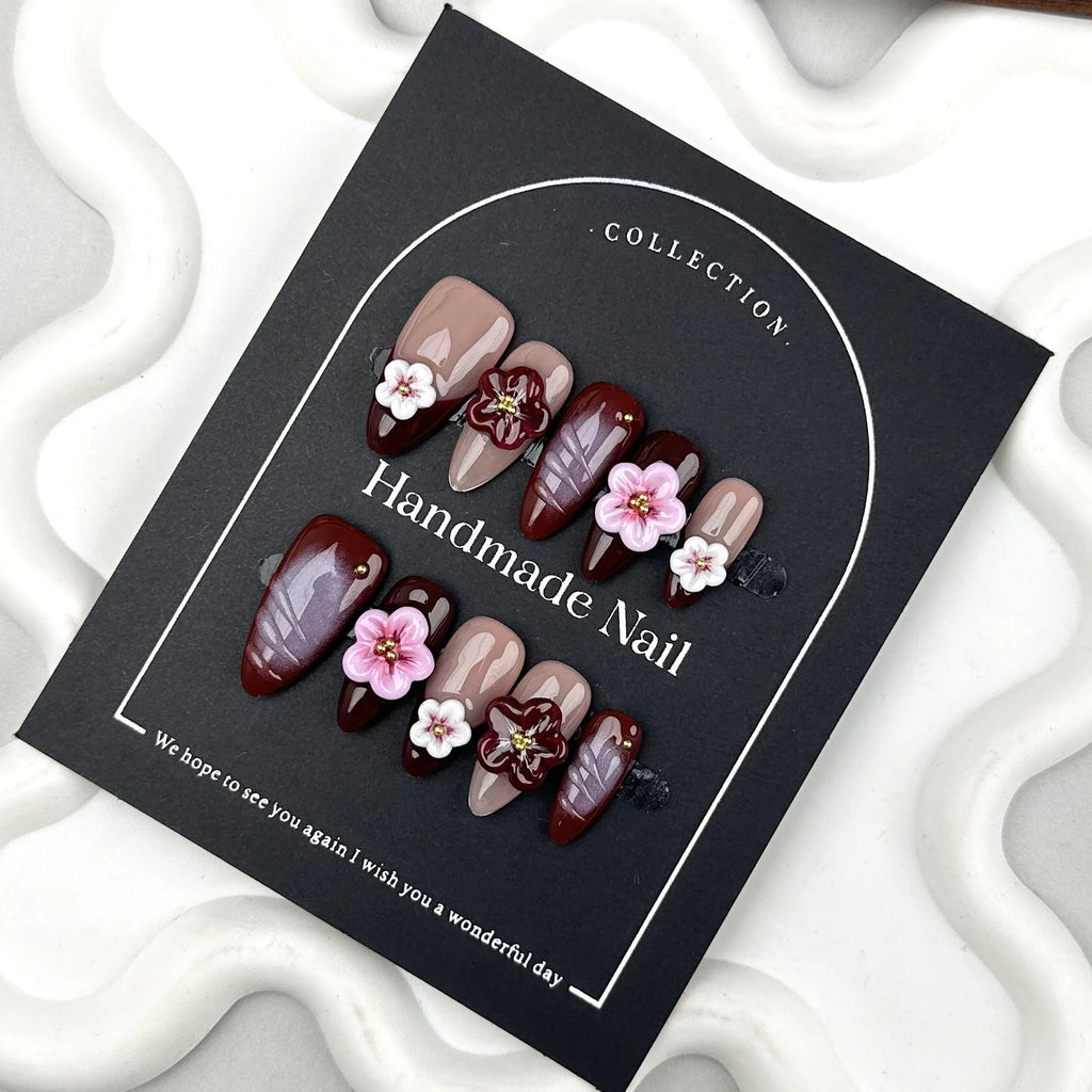 Handmade Press on Nails Carved Flowers