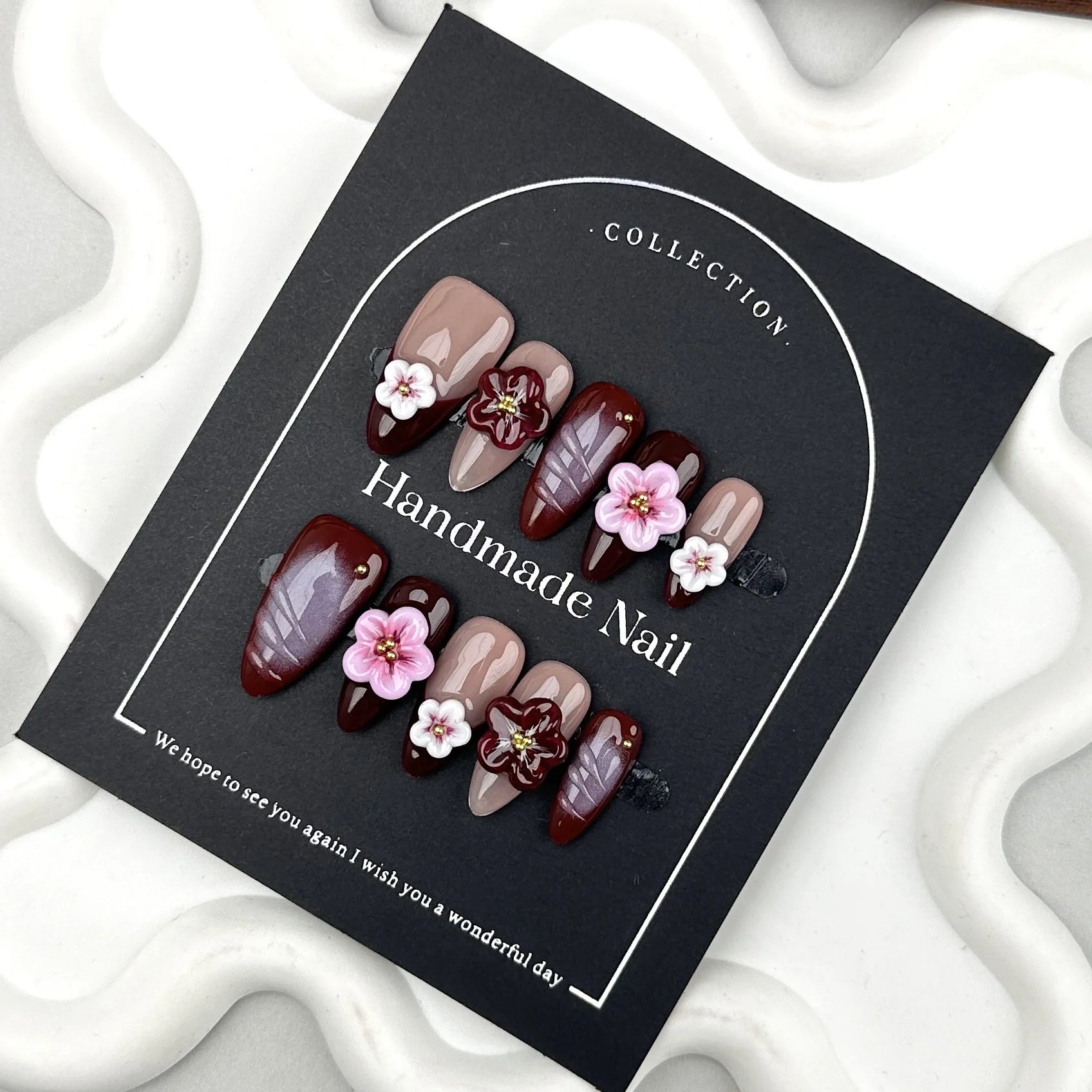 Handmade Press on Nails Carved Flowers