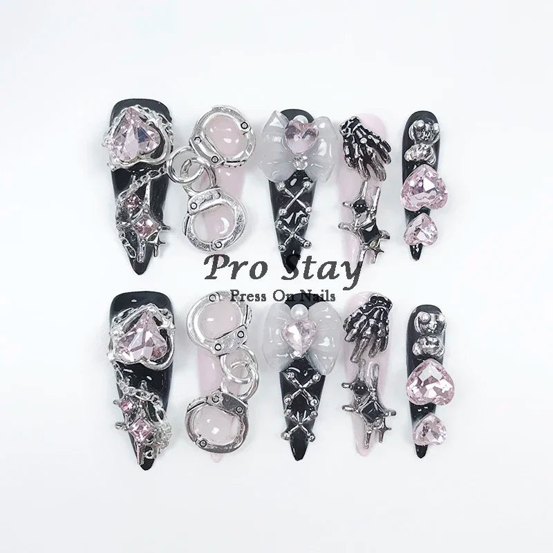 10pcs black Handmade Press On Nails Metal Decoration Y2k