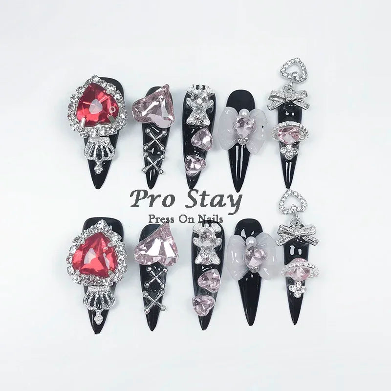 10pcs black Handmade Press On Nails Metal Decoration Y2k