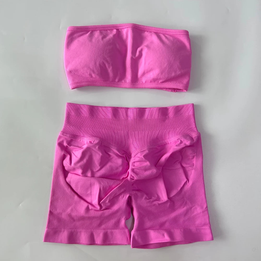 2 Pieces Yoga Set Backless Bandeau Scrunch Shorts
