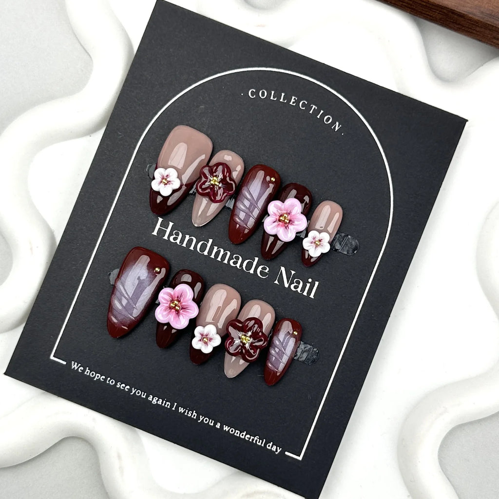 Handmade Press on Nails Carved Flowers