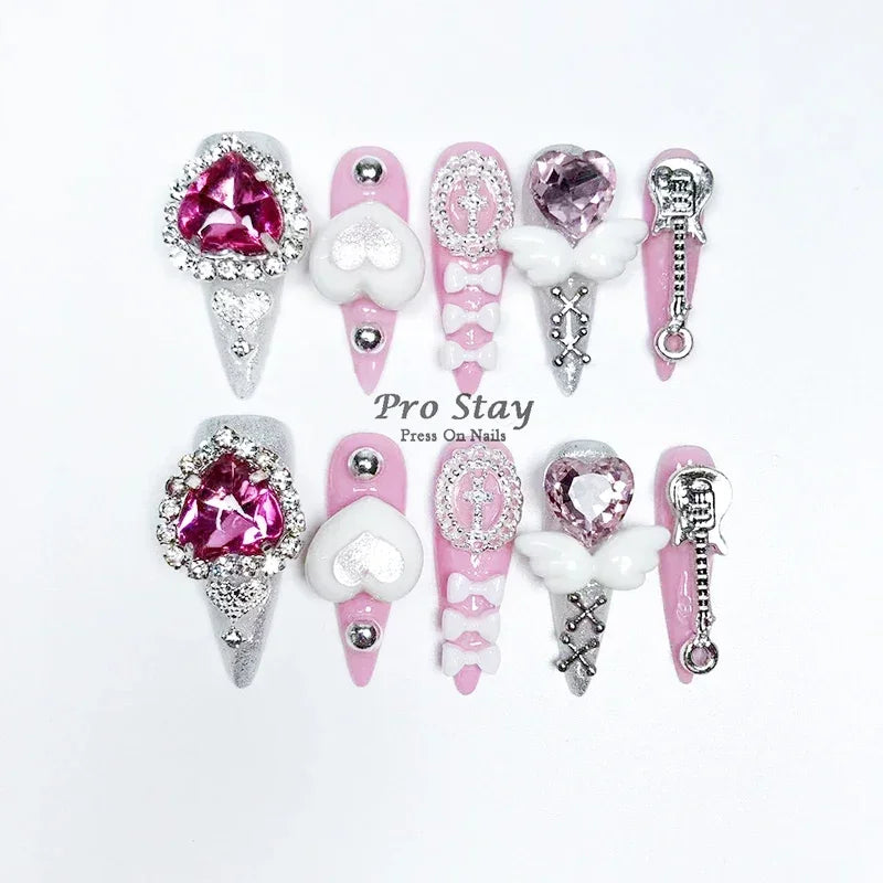 10pcs black Handmade Press On Nails Metal Decoration Y2k