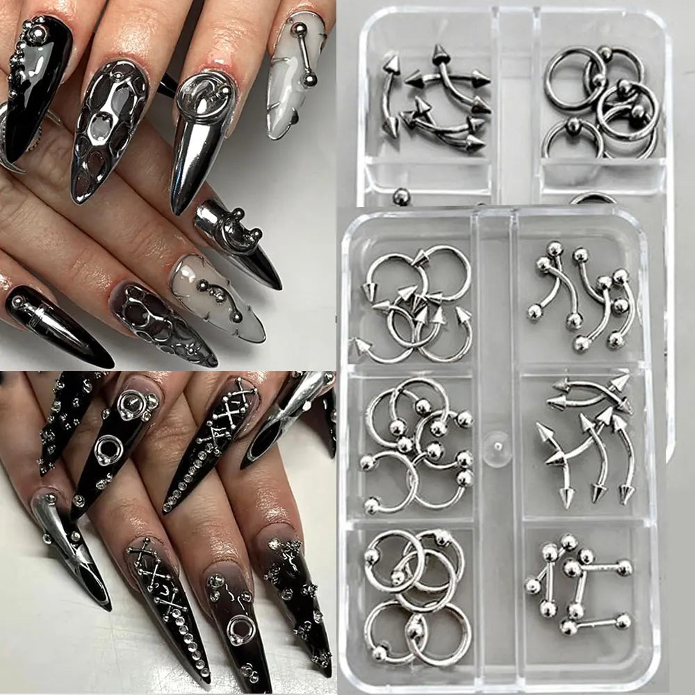 6Grids 3D Black Silver Punk Nail Studs