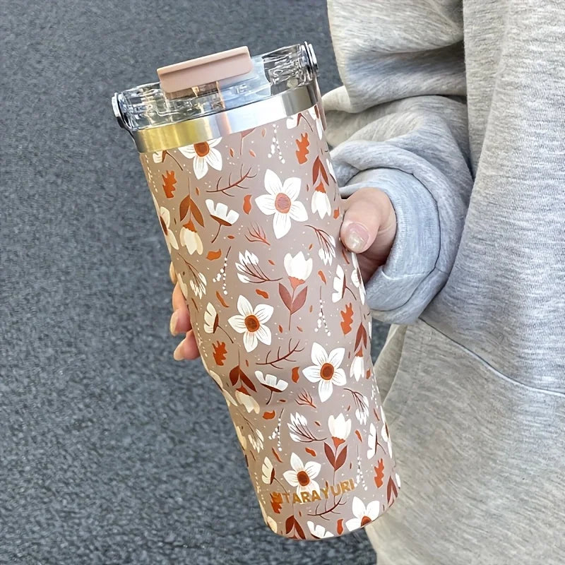 1pc lightweight luxury floral stainless steel thermos flask 900ML