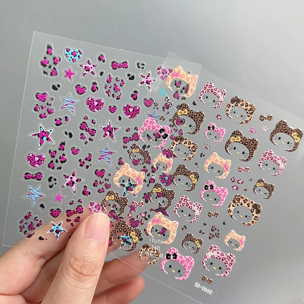 2pcs 5D Cute Leopard Print Kitty Head Nail Decal