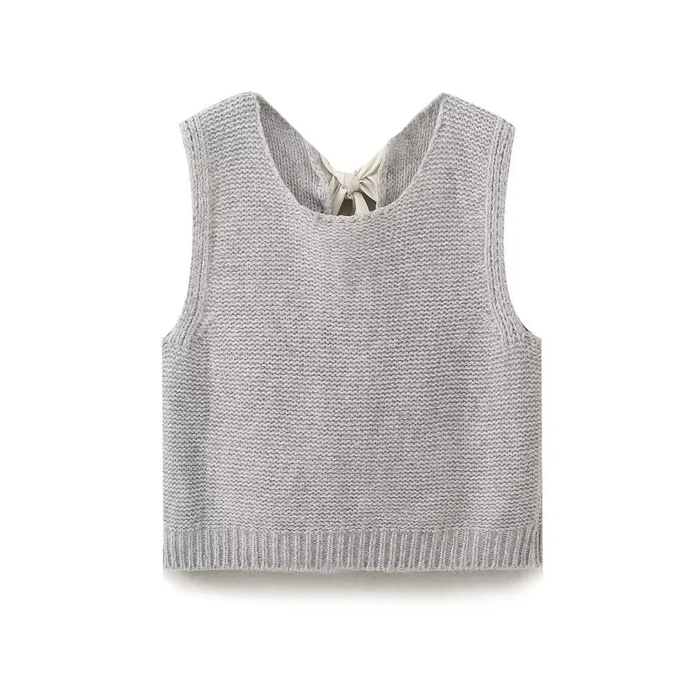 Sleeveless Back Bow Tied Design Short Knitting Vest