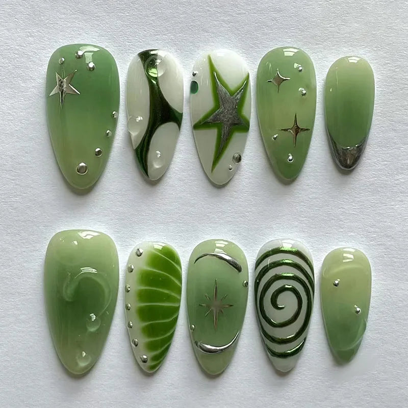 24pcs Summer Green Almond Press on Nails Fashion y2k