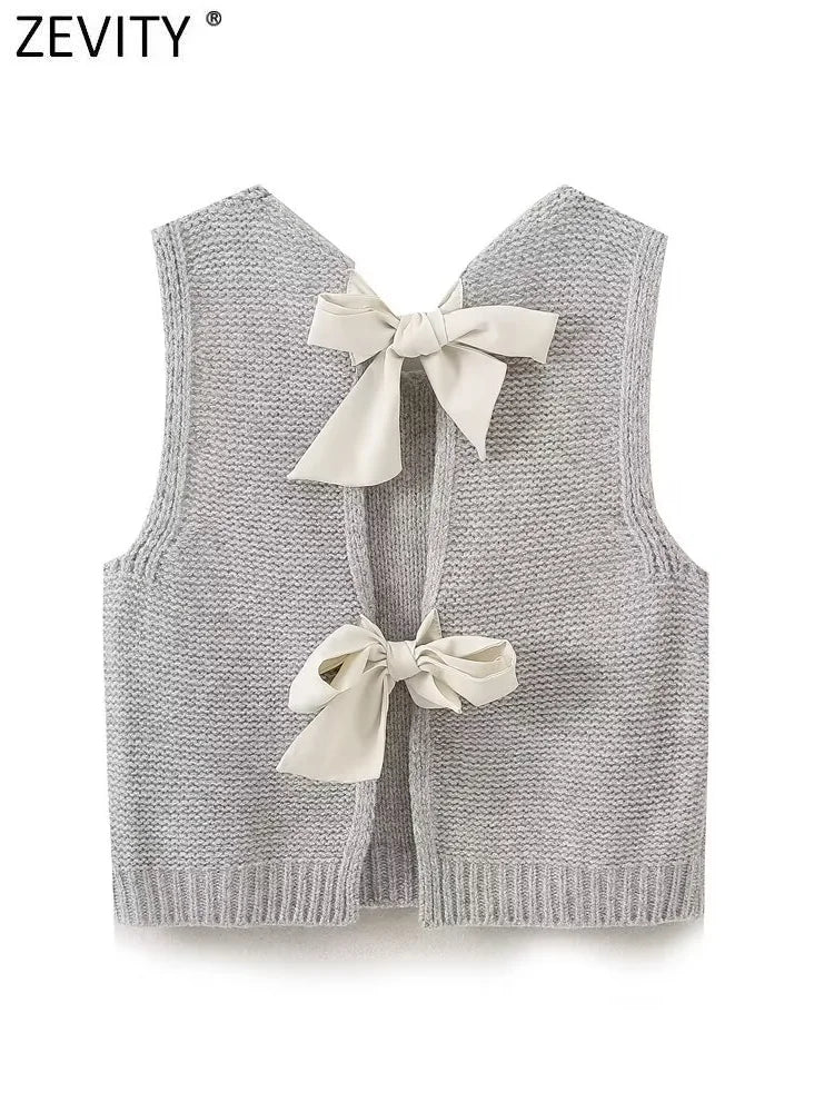 Sleeveless Back Bow Tied Design Short Knitting Vest