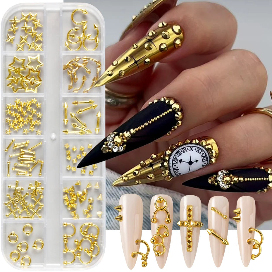 12 Grids Punk Metal Rivets Pierced Style Nail Charms Y2K