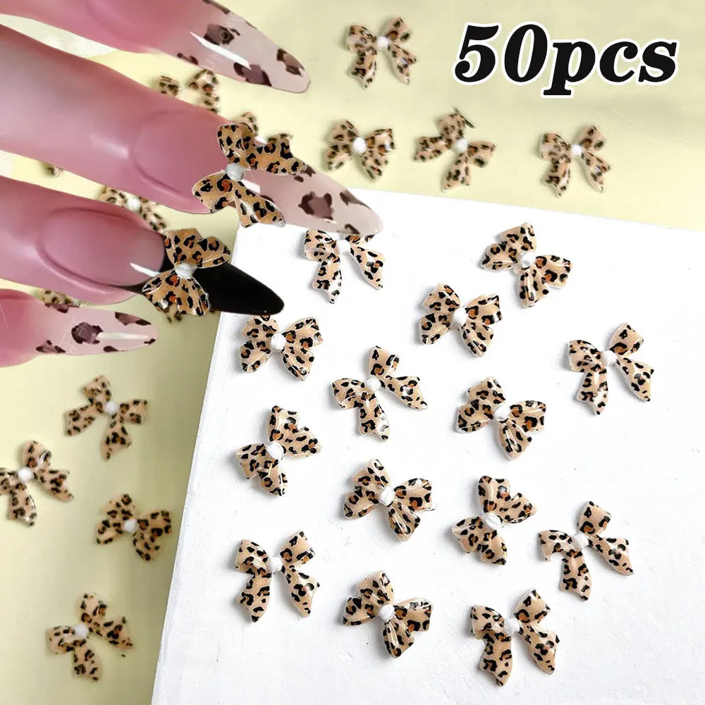 50pcs Leopard Print Bow Nail Charms