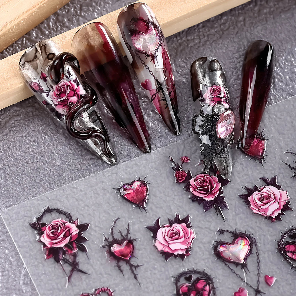 2pcs 5D Pink Red Gothic Nail Art Stickers