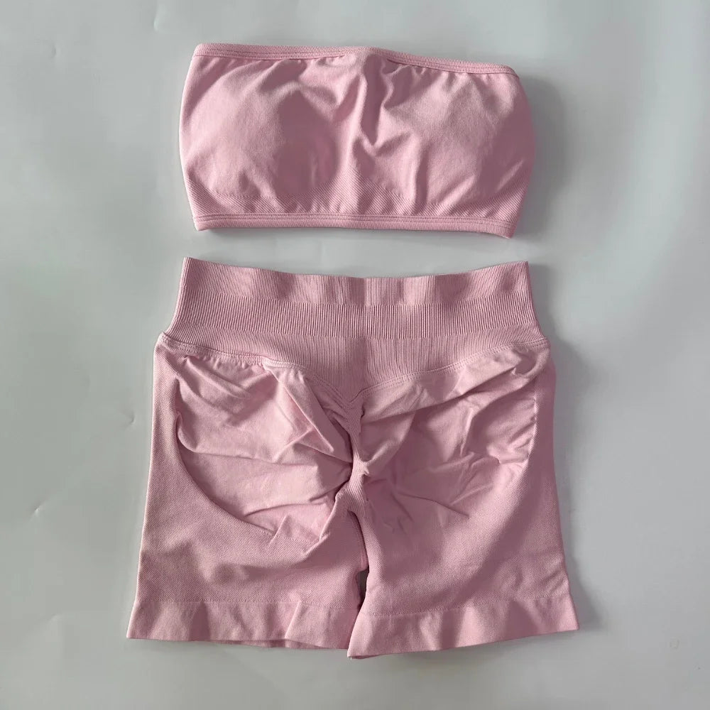 2 Pieces Yoga Set Backless Bandeau Scrunch Shorts