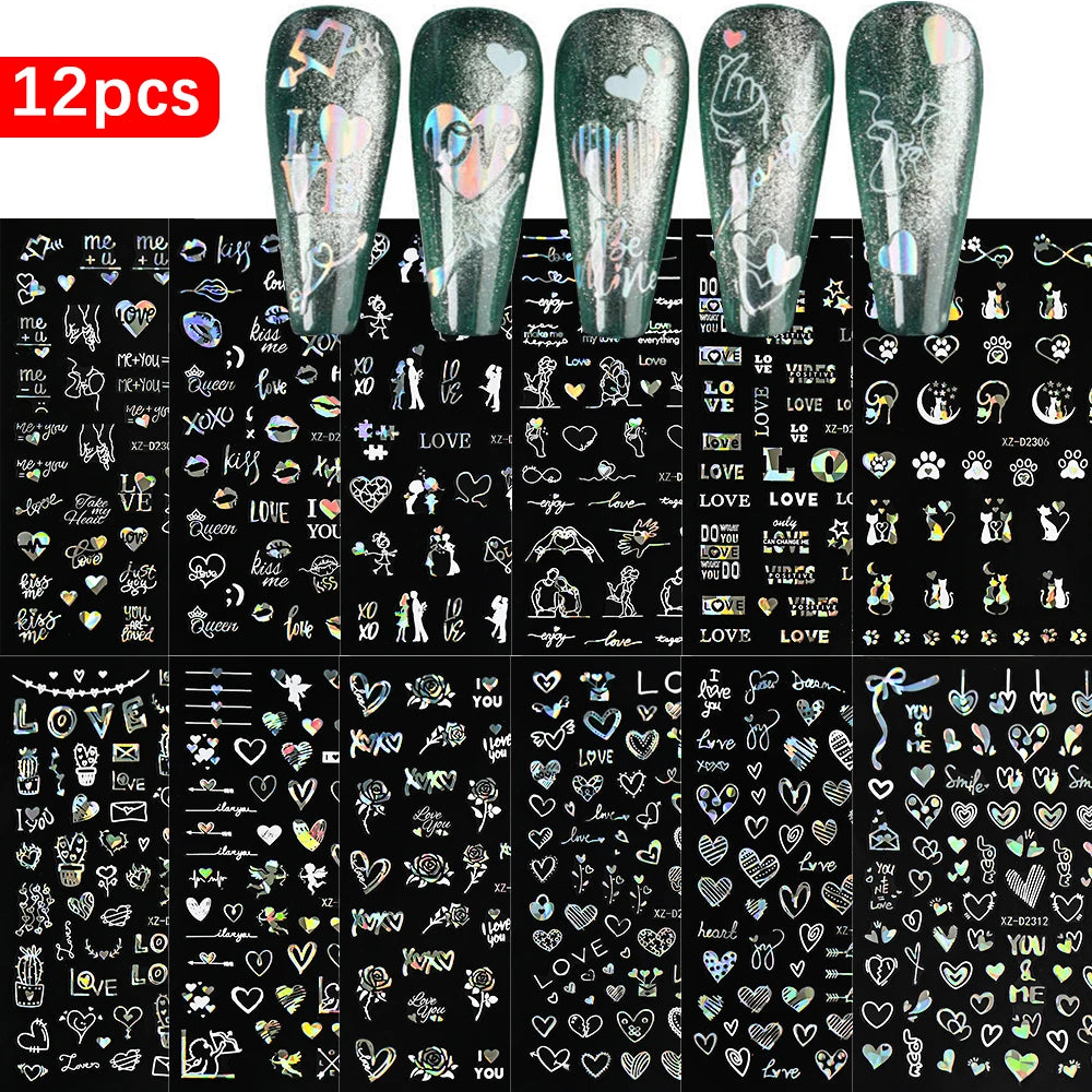 12pcs Red Heart Valentine Nail Stickers Set