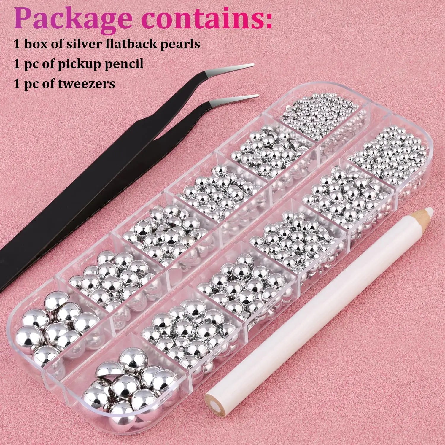 12Grid Shiny Silver Half Round Metal Caviar Charms 2/3/4/5/6/8mm Flatback