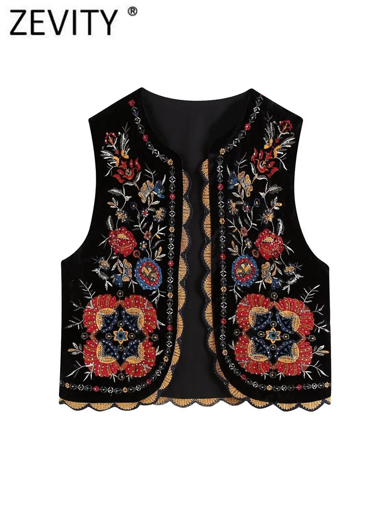Women Vintage Sequins Flower Embroidery Vest