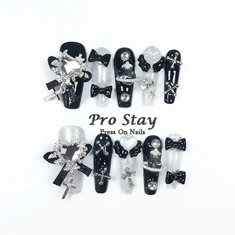 10pcs black Handmade Press On Nails Metal Decoration Y2k