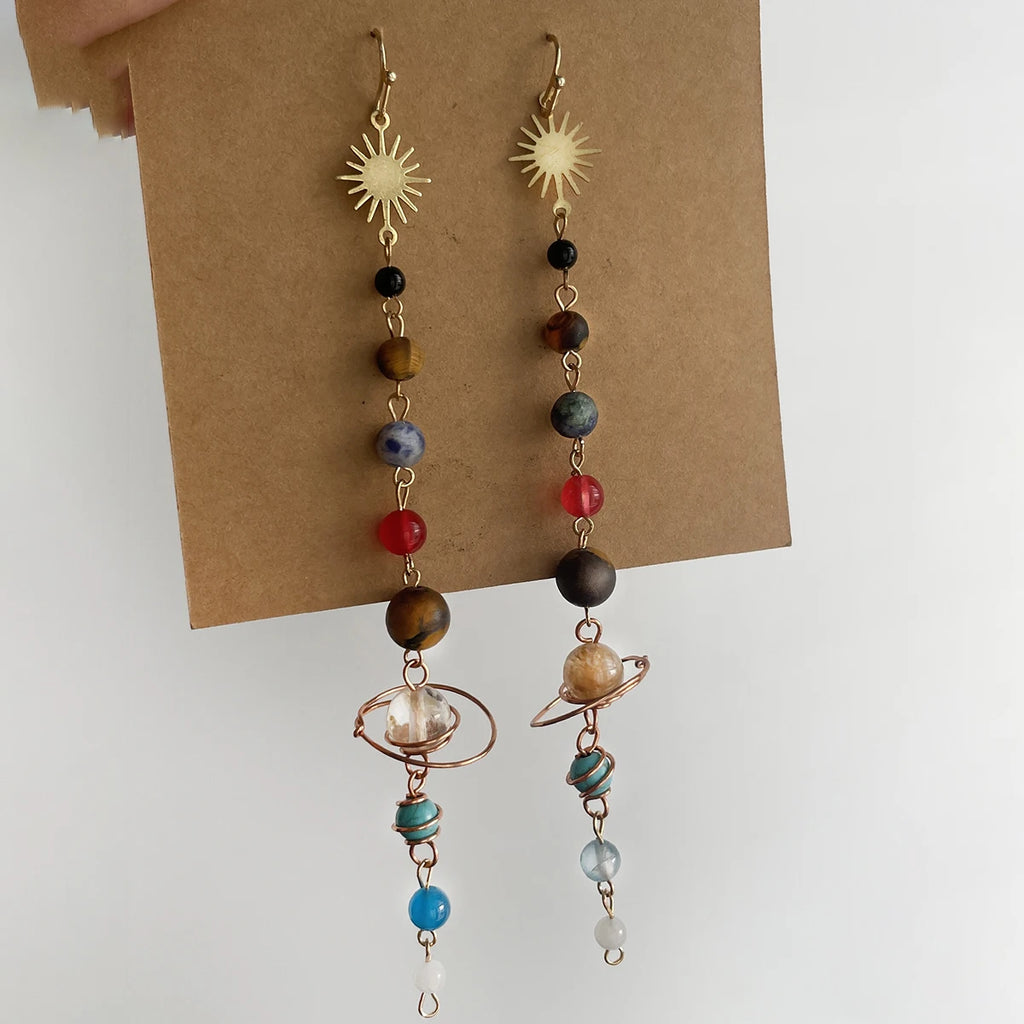Handmade Crystal Earth Saturn Cosmic Sun Earrings