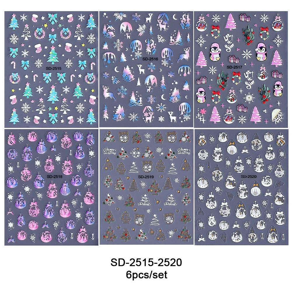 6pcs Christmas Nails Art Stickers 5D Embossed