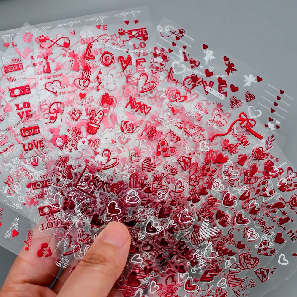 12pcs Red Heart Valentine Nail Stickers Set