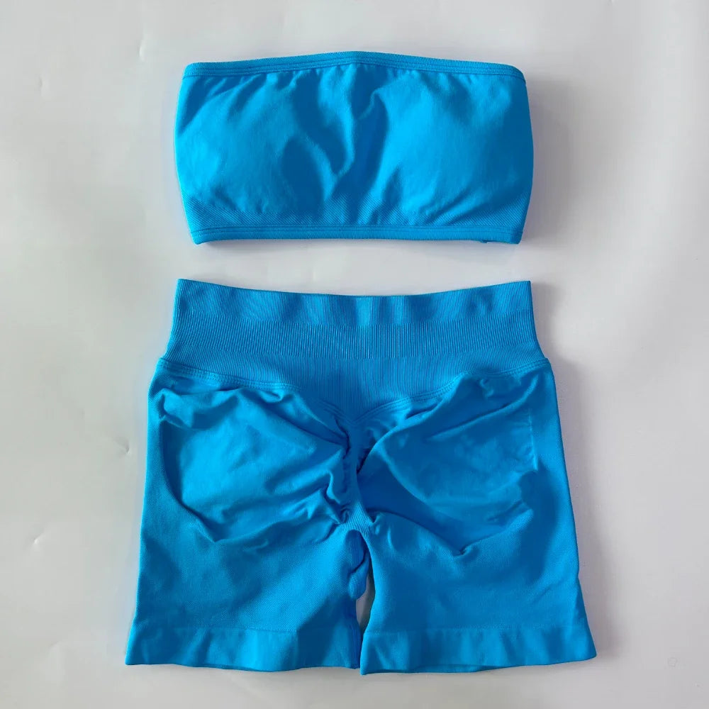 2 Pieces Yoga Set Backless Bandeau Scrunch Shorts