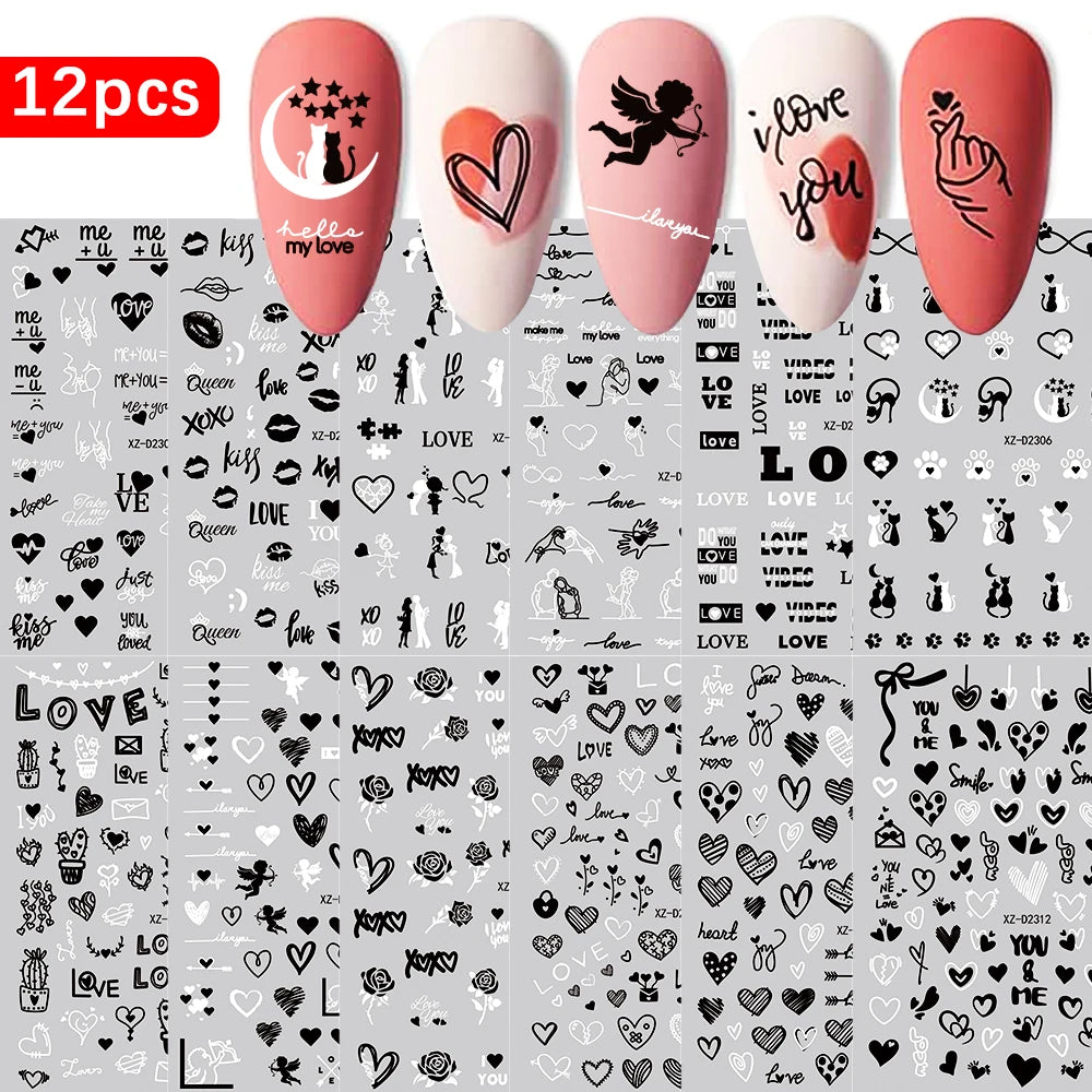 12pcs Red Heart Valentine Nail Stickers Set