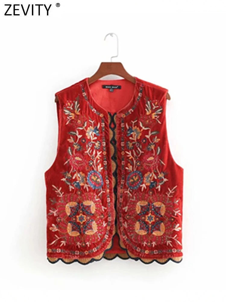 Women Vintage Sequins Flower Embroidery Vest