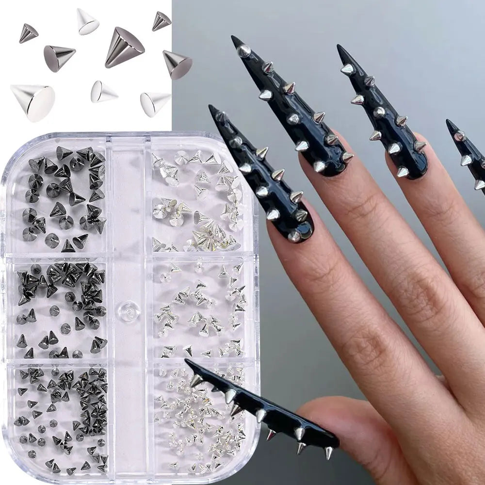 6Grids 3D Black Silver Punk Nail Studs