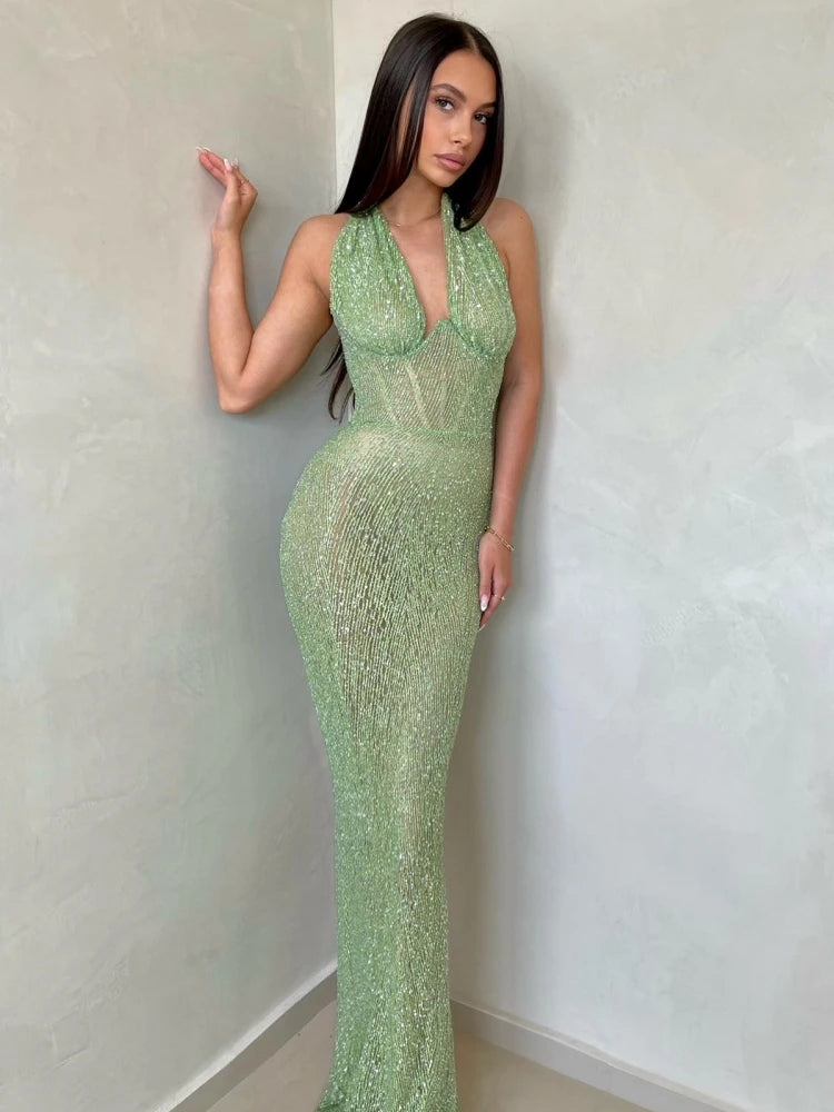Sexy Halter Deep V Neck Dress