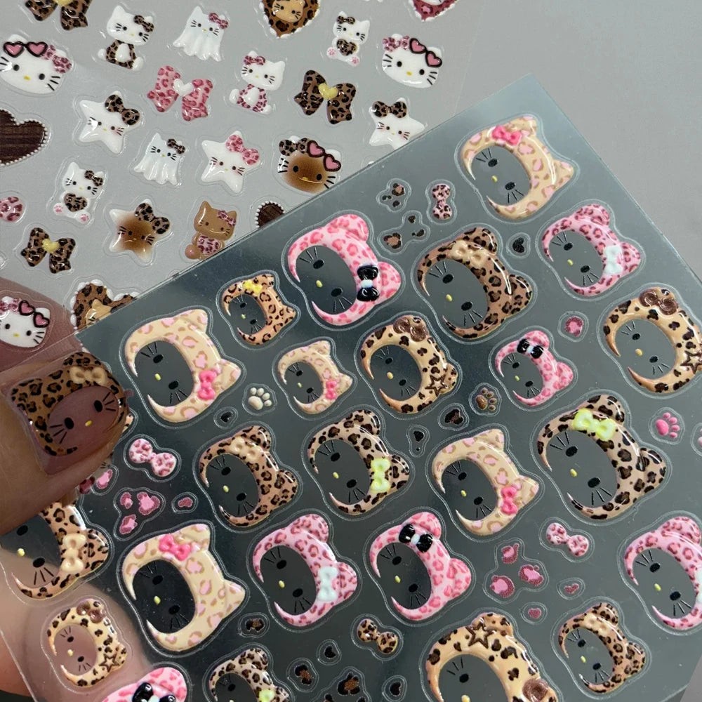 2pcs 5D Cute Leopard Print Kitty Head Nail Decal