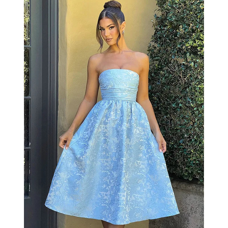 Strapless Jacquard Backless Bow Evening Party Dress