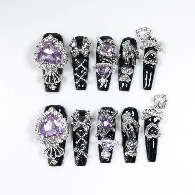 10pcs black Handmade Press On Nails Metal Decoration Y2k