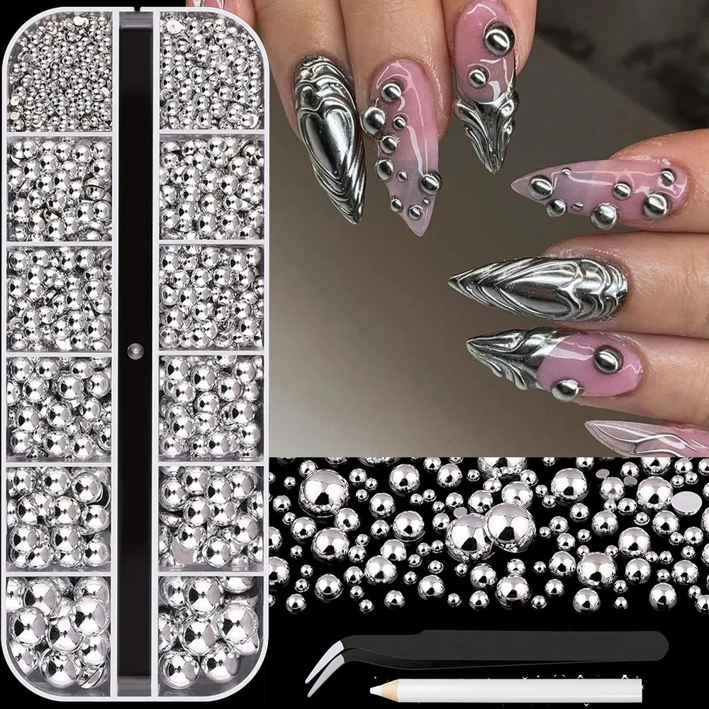 12Grid Shiny Silver Half Round Metal Caviar Charms 2/3/4/5/6/8mm Flatback