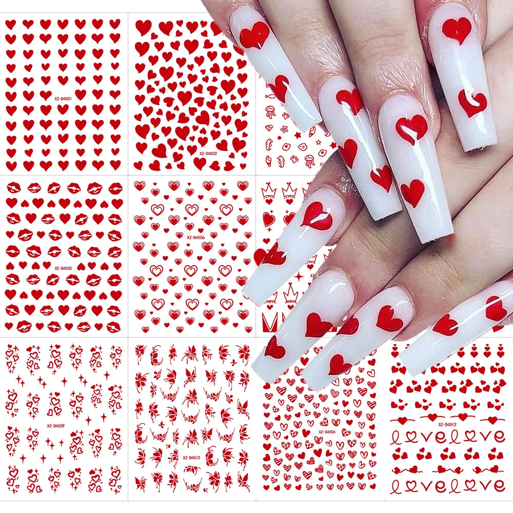 12pcs Red Heart Valentine Nail Stickers Set
