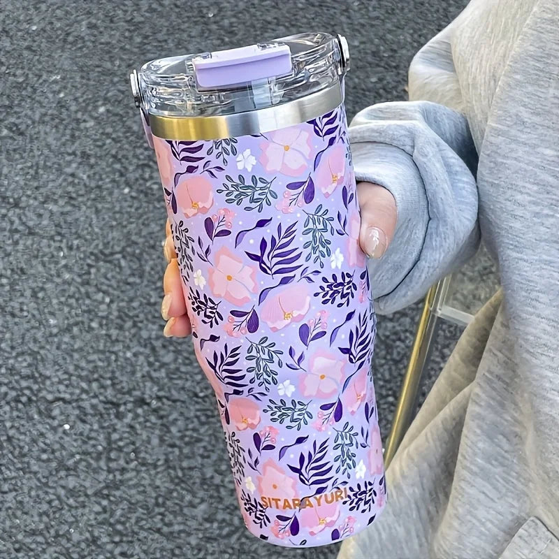 1pc lightweight luxury floral stainless steel thermos flask 900ML