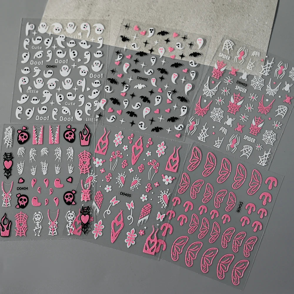 6pcs Pink White Glitter Halloween Nail Stickers 3D