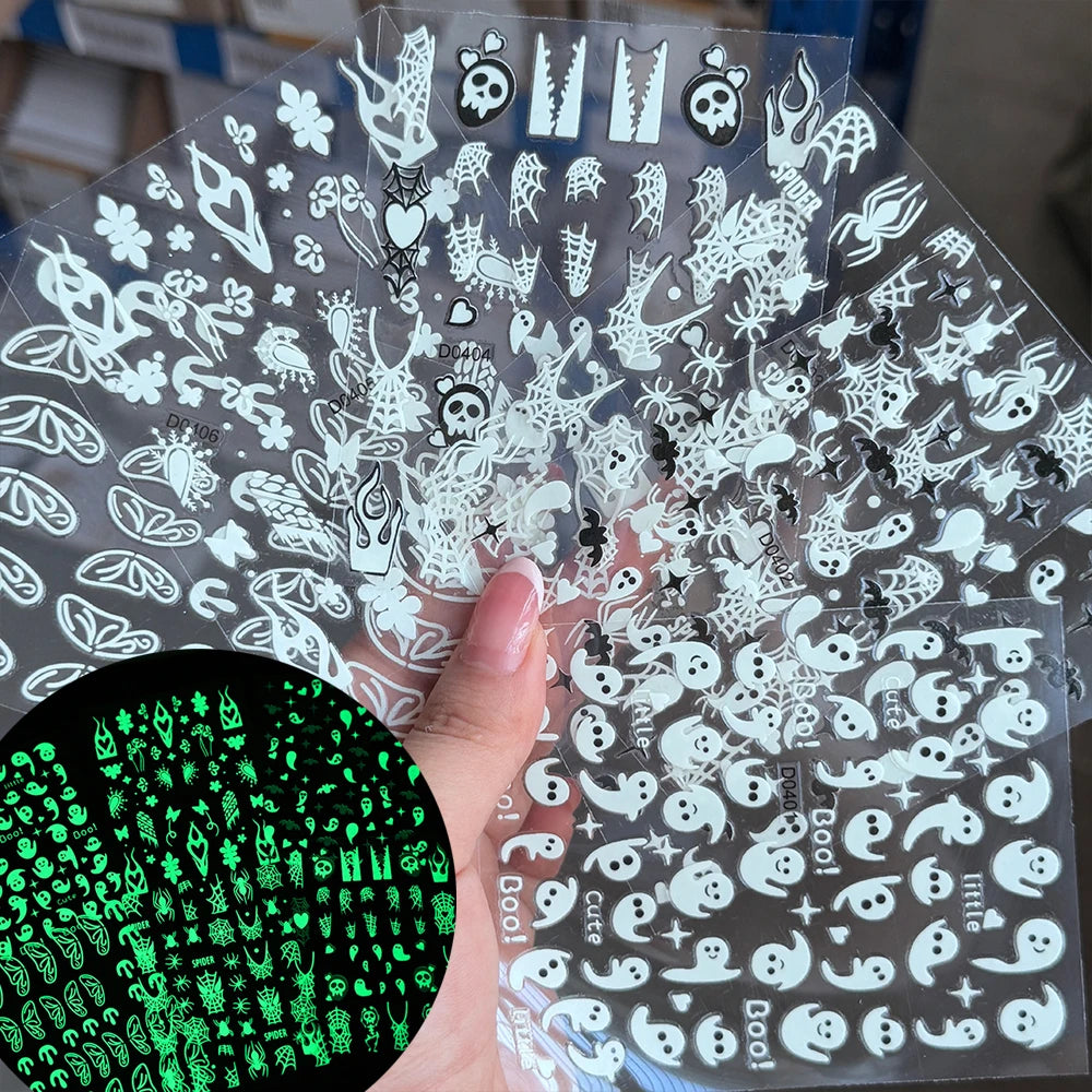 6pcs Pink White Glitter Halloween Nail Stickers 3D