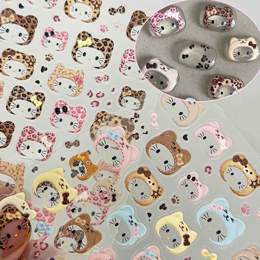 2pcs 5D Cute Leopard Print Kitty Head Nail Decal